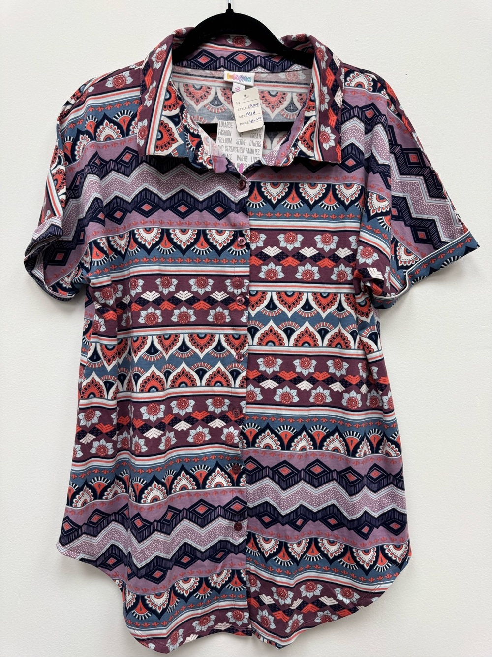 LuLaRoe Printed Button-Up Shirt in Maroon, Navy & Coral